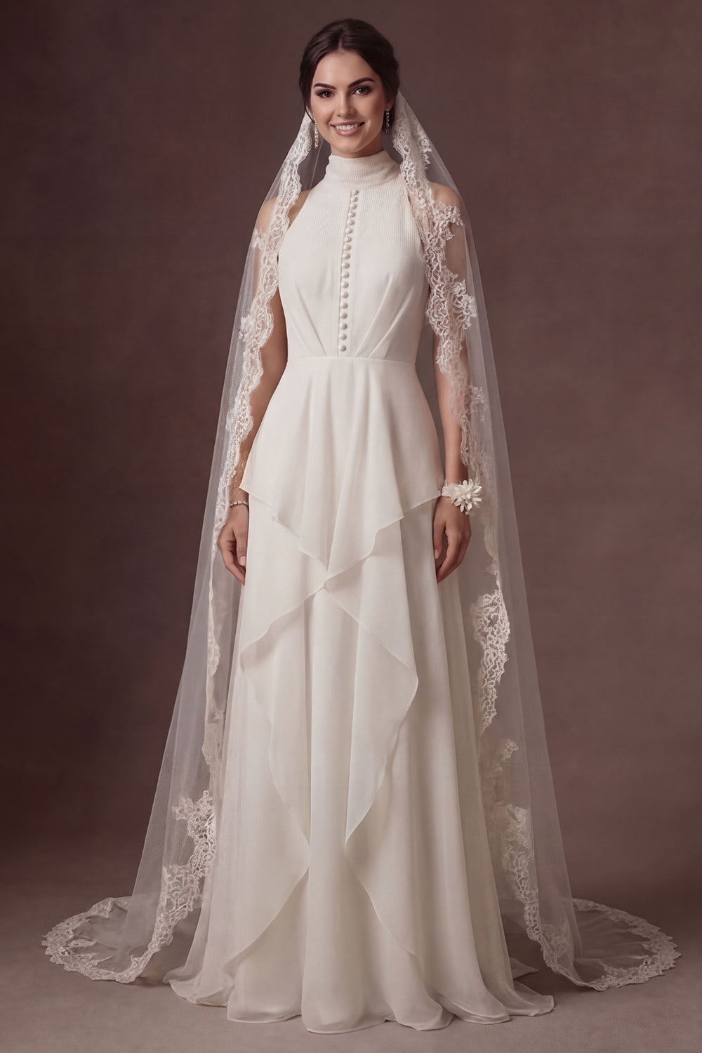 Leely Women White High Neck A Line Long Wedding Dress Ruffled Sleeveless Bridal Dress