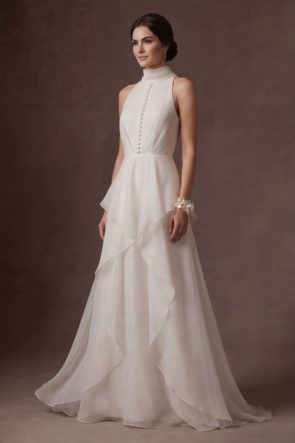 White High Neck A Line Ruffled Long Wedding Dress