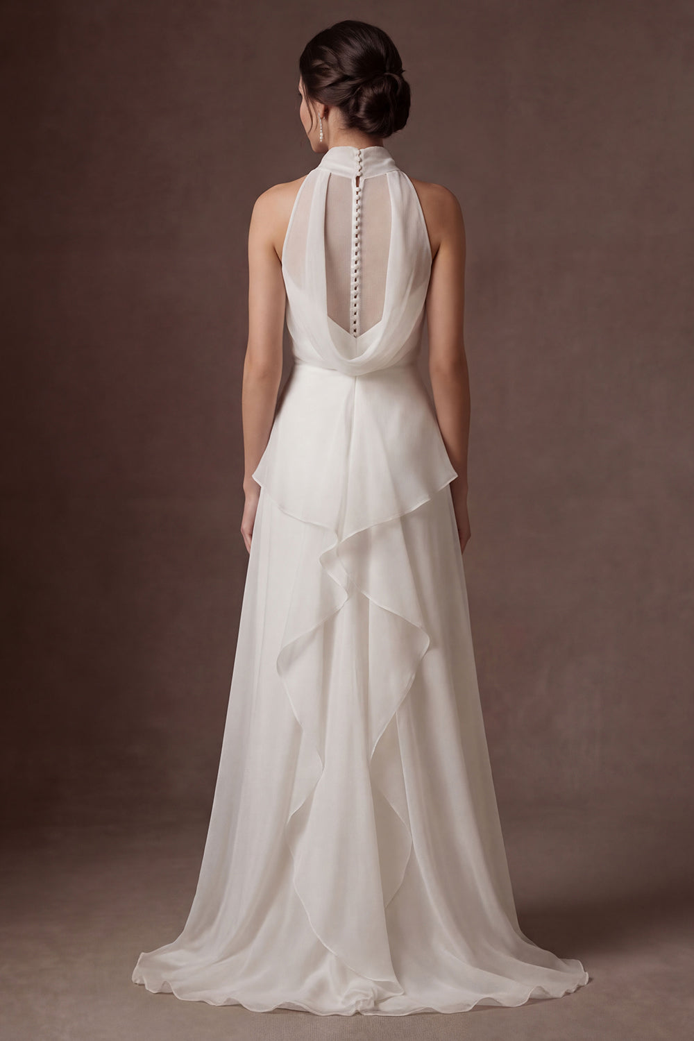 White High Neck A Line Ruffled Long Wedding Dress