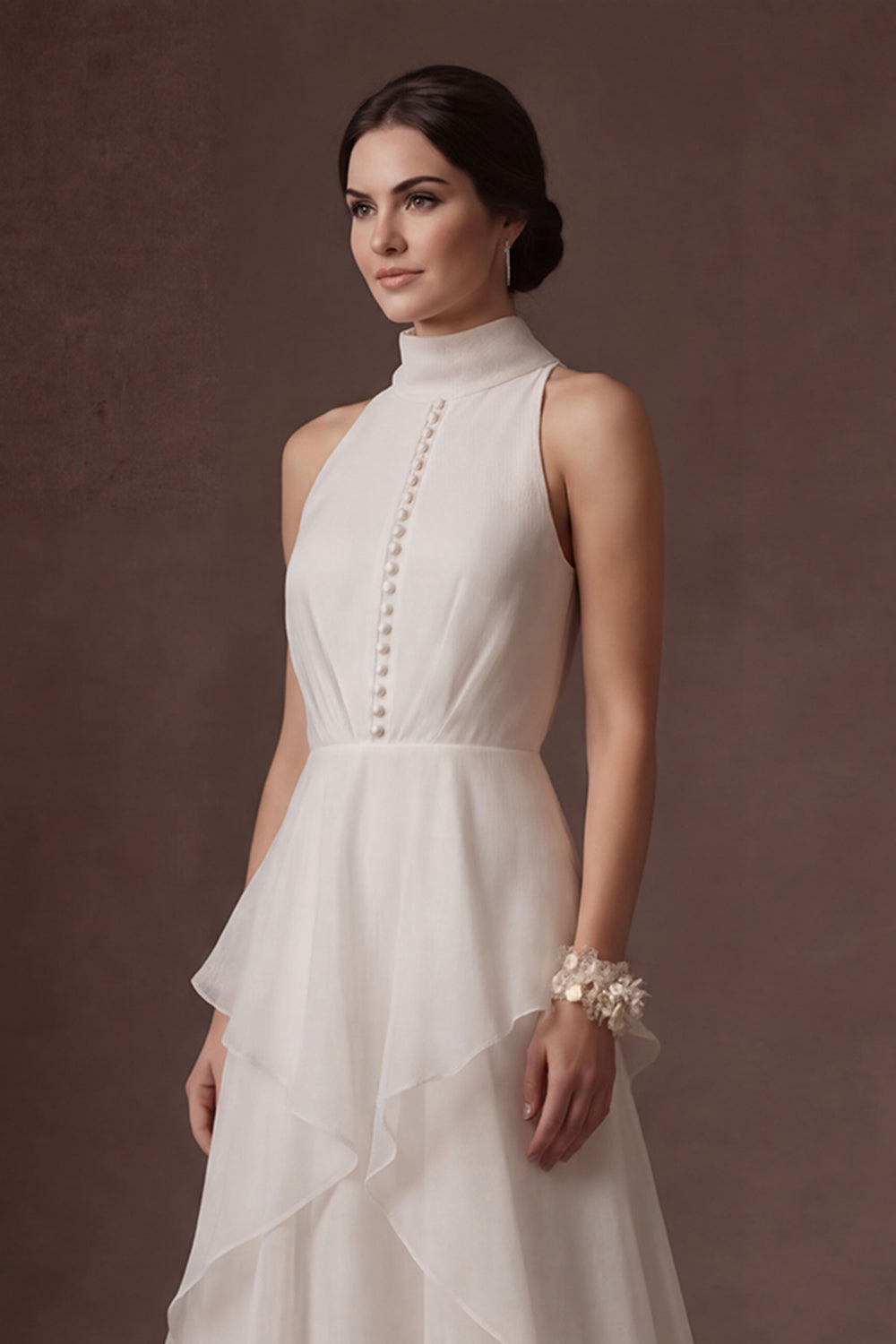 White High Neck A Line Ruffled Long Wedding Dress