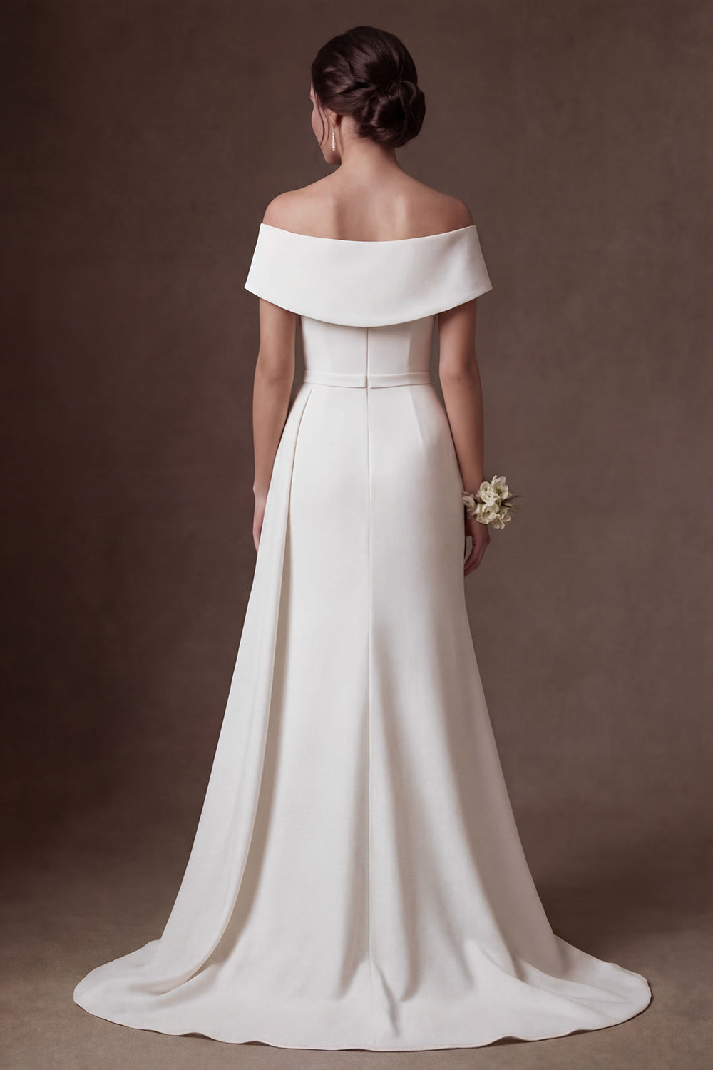 Mermaid White Satin Off the Shoulder Ruched Long Wedding Dress with Slit