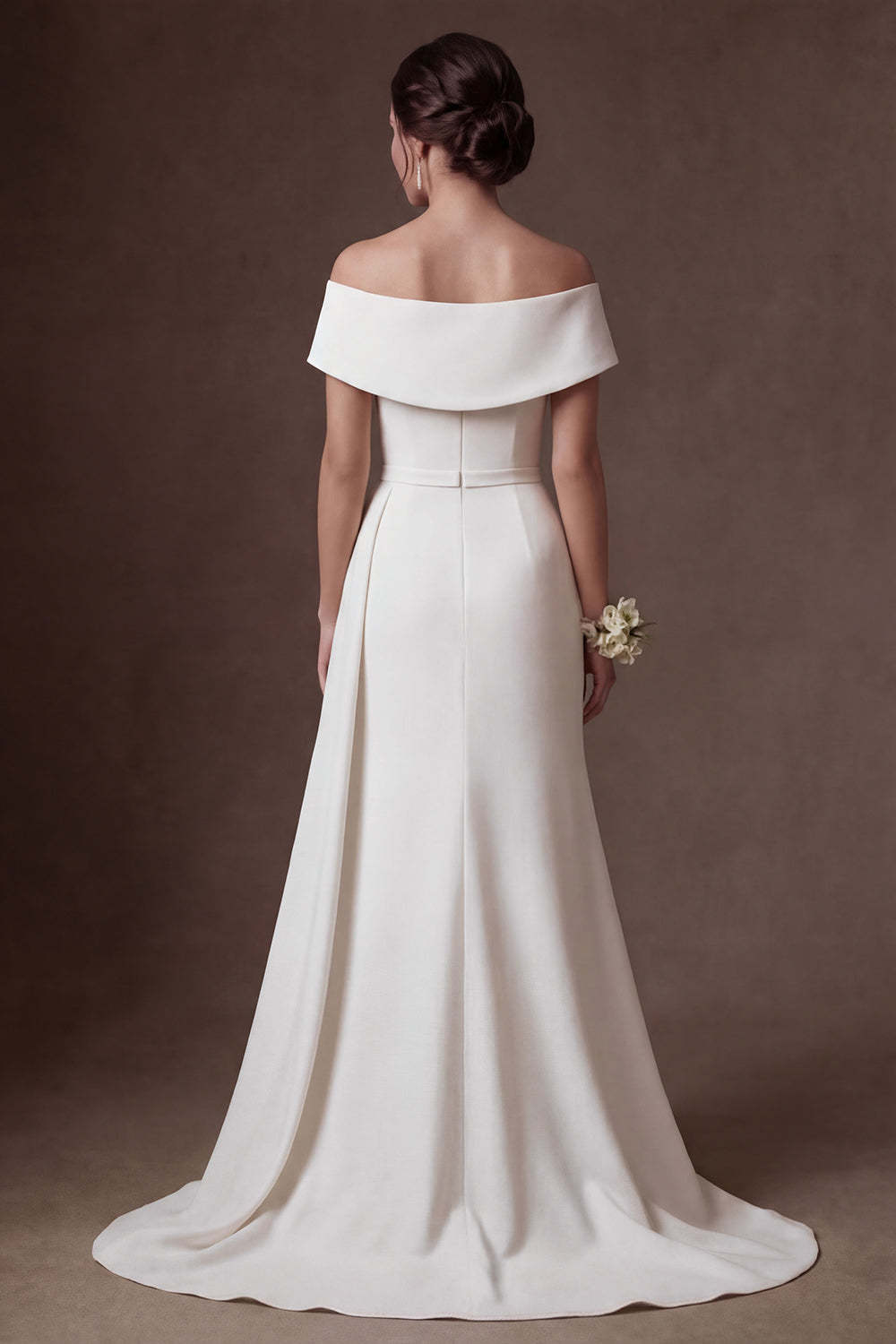 Mermaid White Satin Off the Shoulder Ruched Long Wedding Dress with Slit