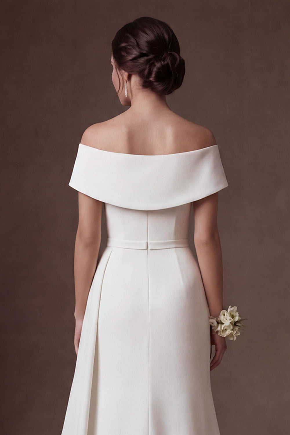 Mermaid White Satin Off the Shoulder Ruched Long Wedding Dress with Slit