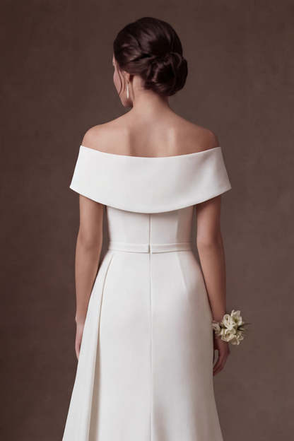 Mermaid White Satin Off the Shoulder Ruched Long Wedding Dress with Slit