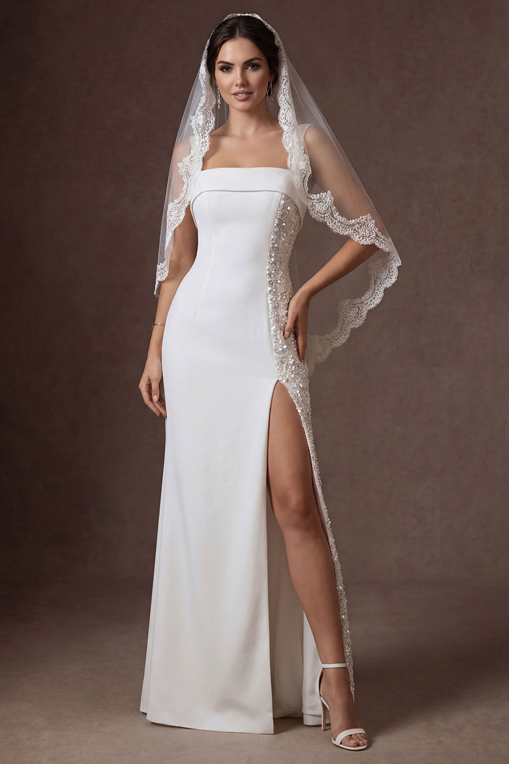 Leely Women Sparkly Sequined White Sheath Long Wedding Dress with Slit Strapless Backless Sleeveless Bridal Dress