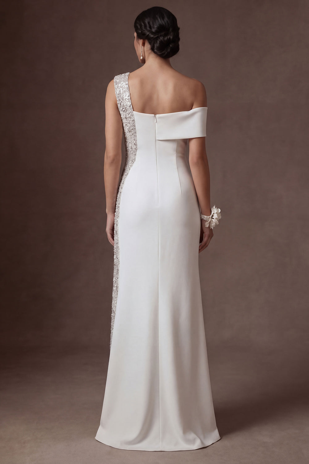 Sparkly Sequined White Sheath Strapless Long Wedding Dress with Slit