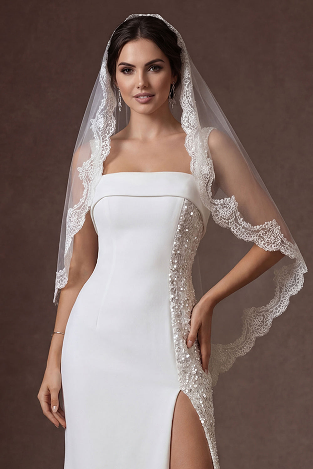 Sparkly Sequined White Sheath Strapless Long Wedding Dress with Slit