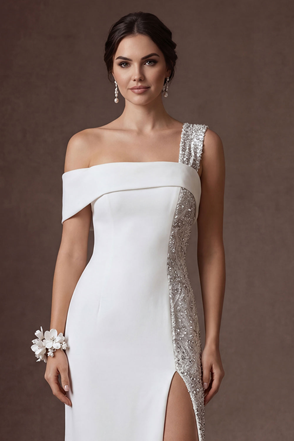 Sparkly Sequined White Sheath Strapless Long Wedding Dress with Slit