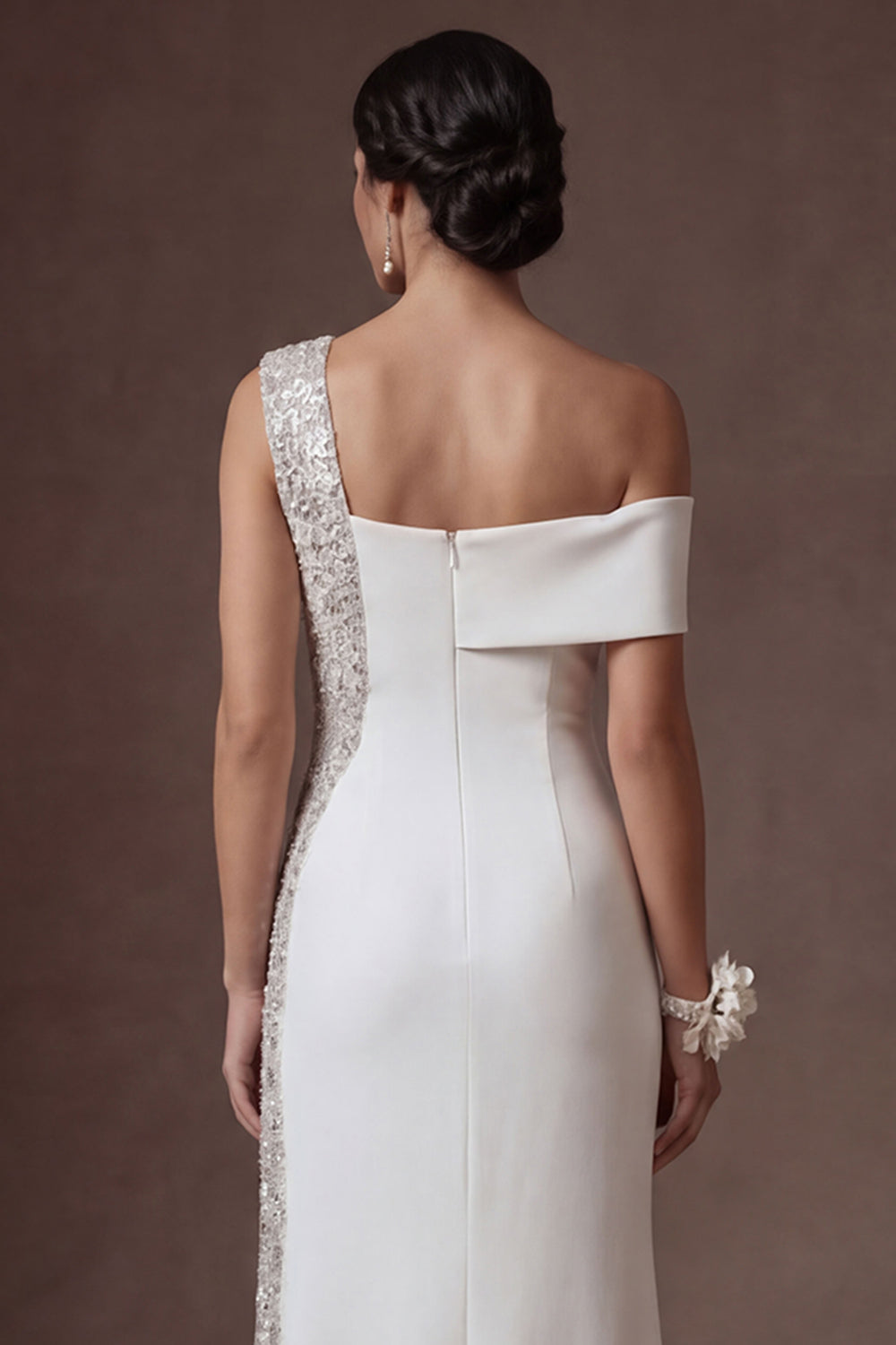 Sparkly Sequined White Sheath Strapless Long Wedding Dress with Slit