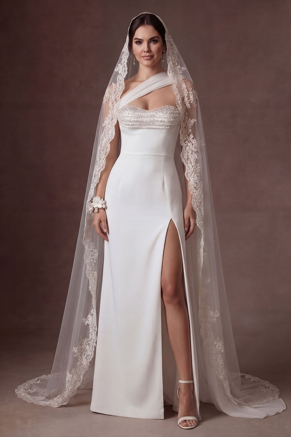 Leely Women White Beaded Sheath Strapless Long Bridal Dress with Slit Backless Sleeveless Wedding Dress with Cape