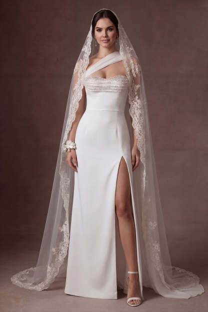 Leely Women White Beaded Sheath Strapless Long Bridal Dress with Slit Backless Sleeveless Wedding Dress with Cape