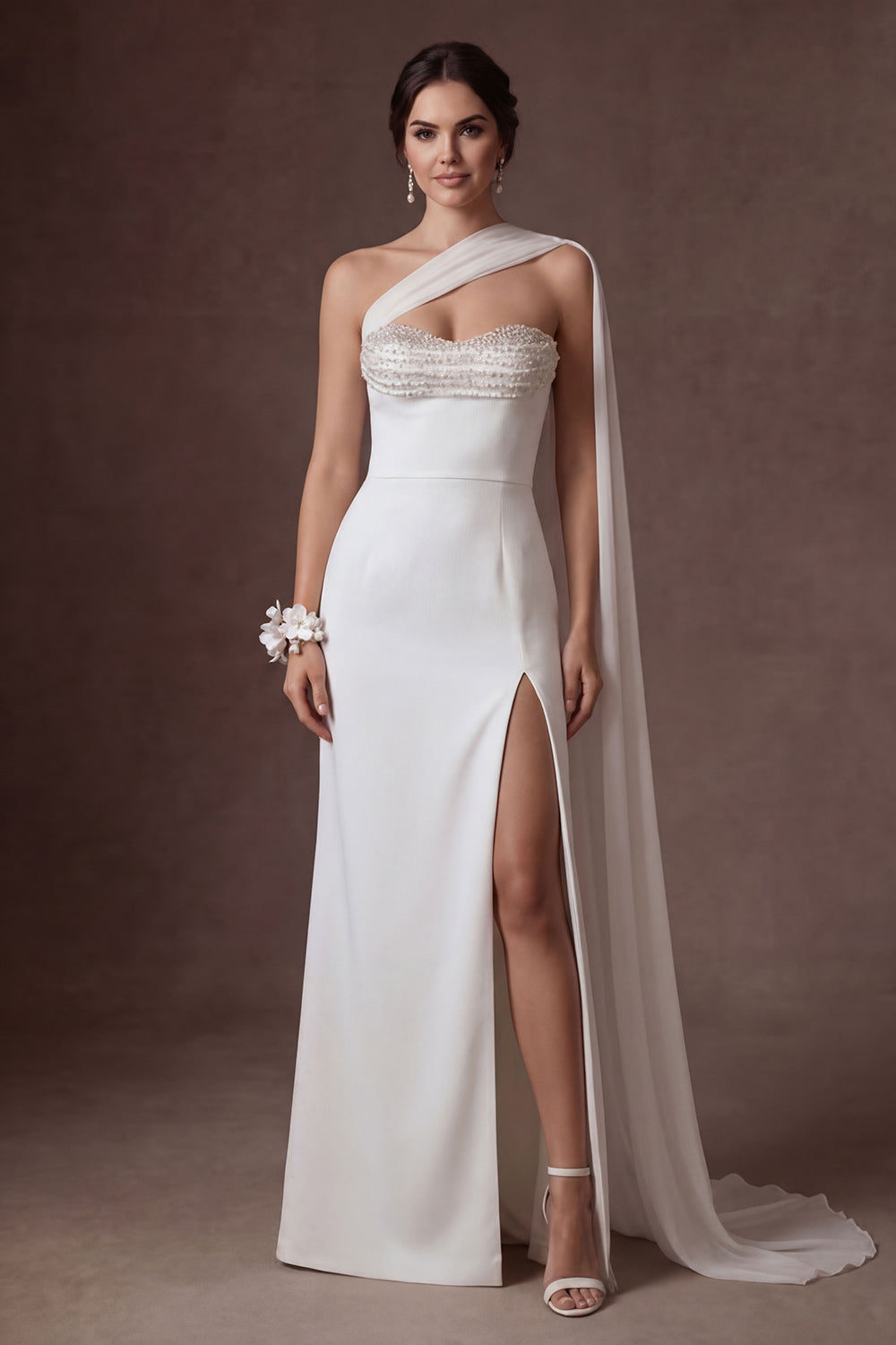 White Beaded Sheath Strapless Backless Sleeveless Long Bridal Dress with Slit