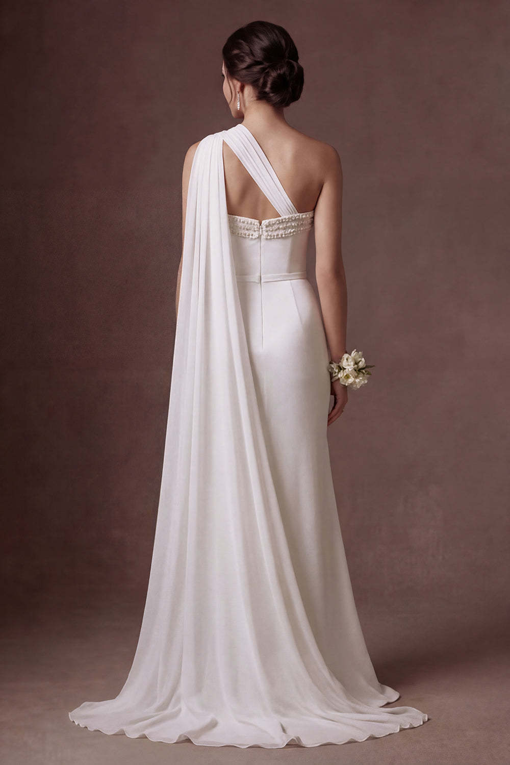 White Beaded Sheath Strapless Backless Sleeveless Long Bridal Dress with Slit