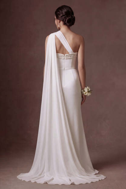 White Beaded Sheath Strapless Backless Sleeveless Long Bridal Dress with Slit