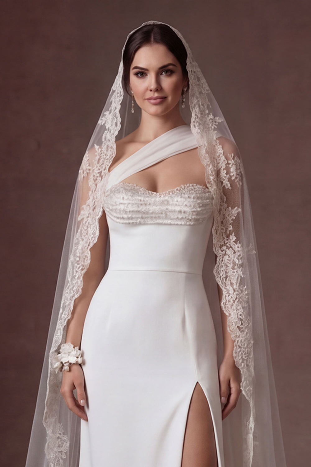 White Beaded Sheath Strapless Backless Sleeveless Long Bridal Dress with Slit