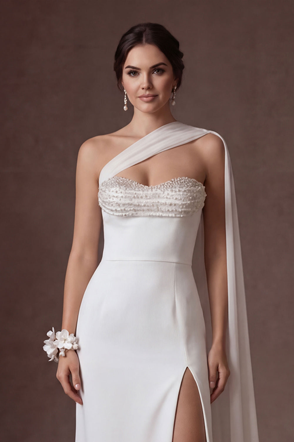 White Beaded Sheath Strapless Backless Sleeveless Long Bridal Dress with Slit