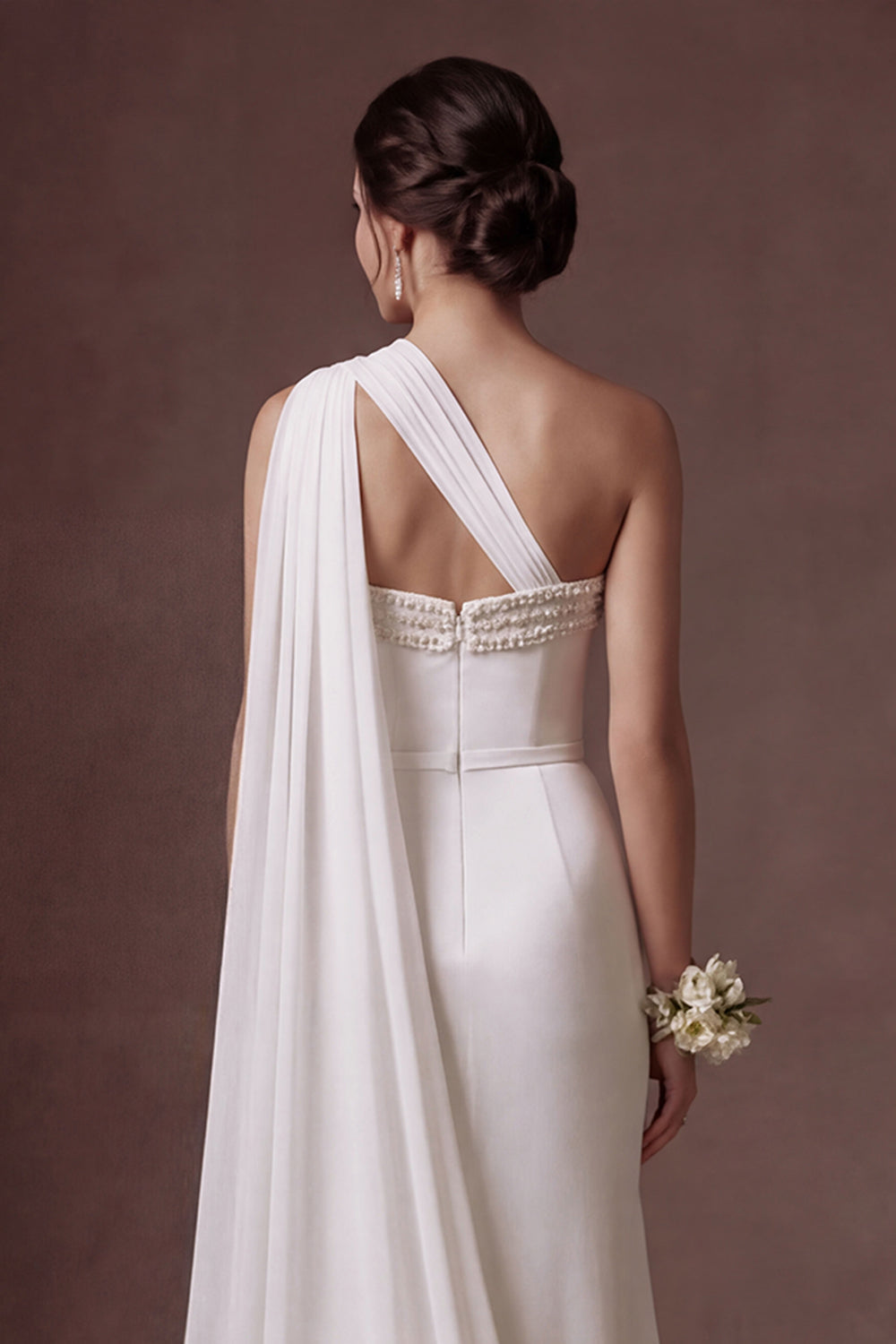 White Beaded Sheath Strapless Backless Sleeveless Long Bridal Dress with Slit