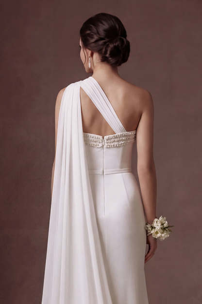 White Beaded Sheath Strapless Backless Sleeveless Long Bridal Dress with Slit