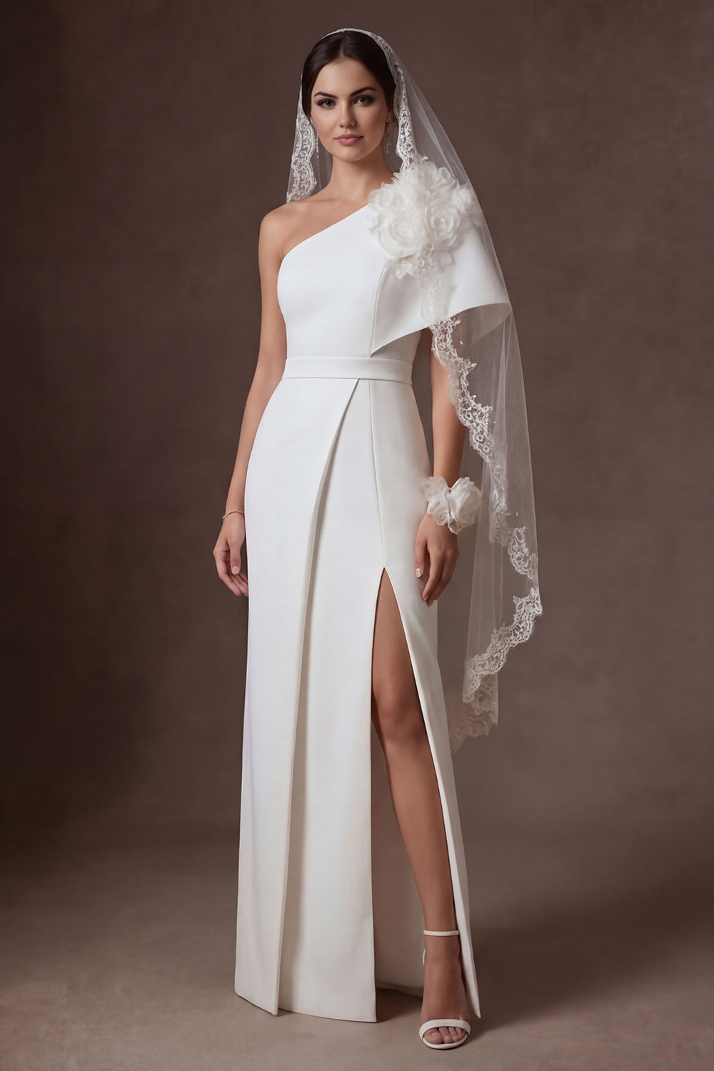 Floral One Shoulder White Satin Sheath Long Wedding Dress with Slit