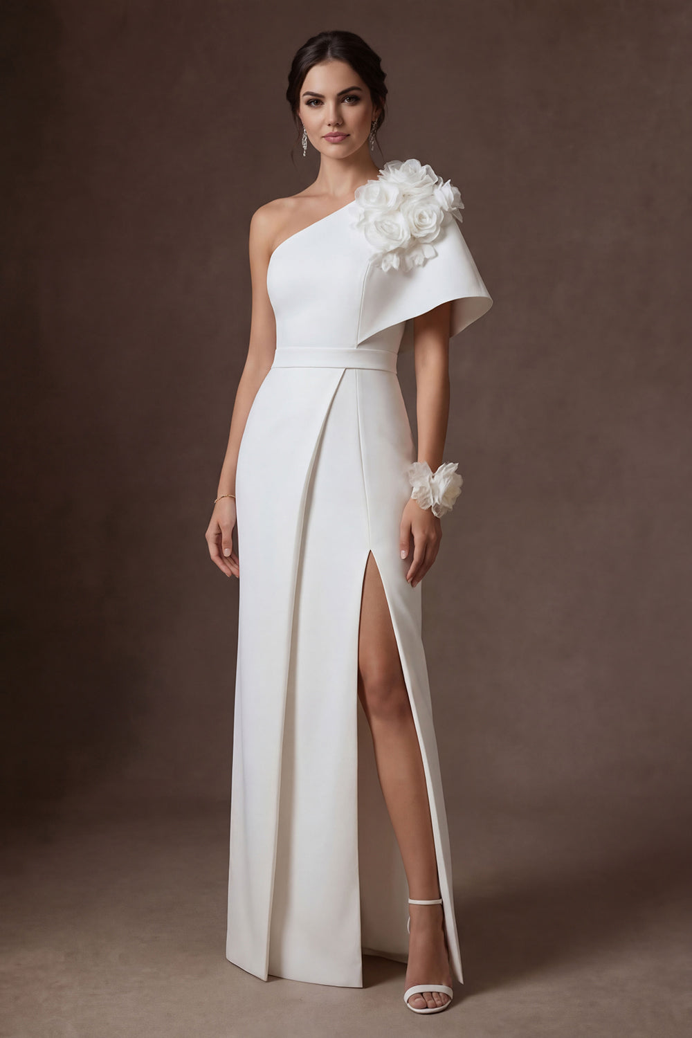 Leely Women Floral One Shoulder White Long Wedding Dress with Slit Satin Sheath Backless Bridal Dress