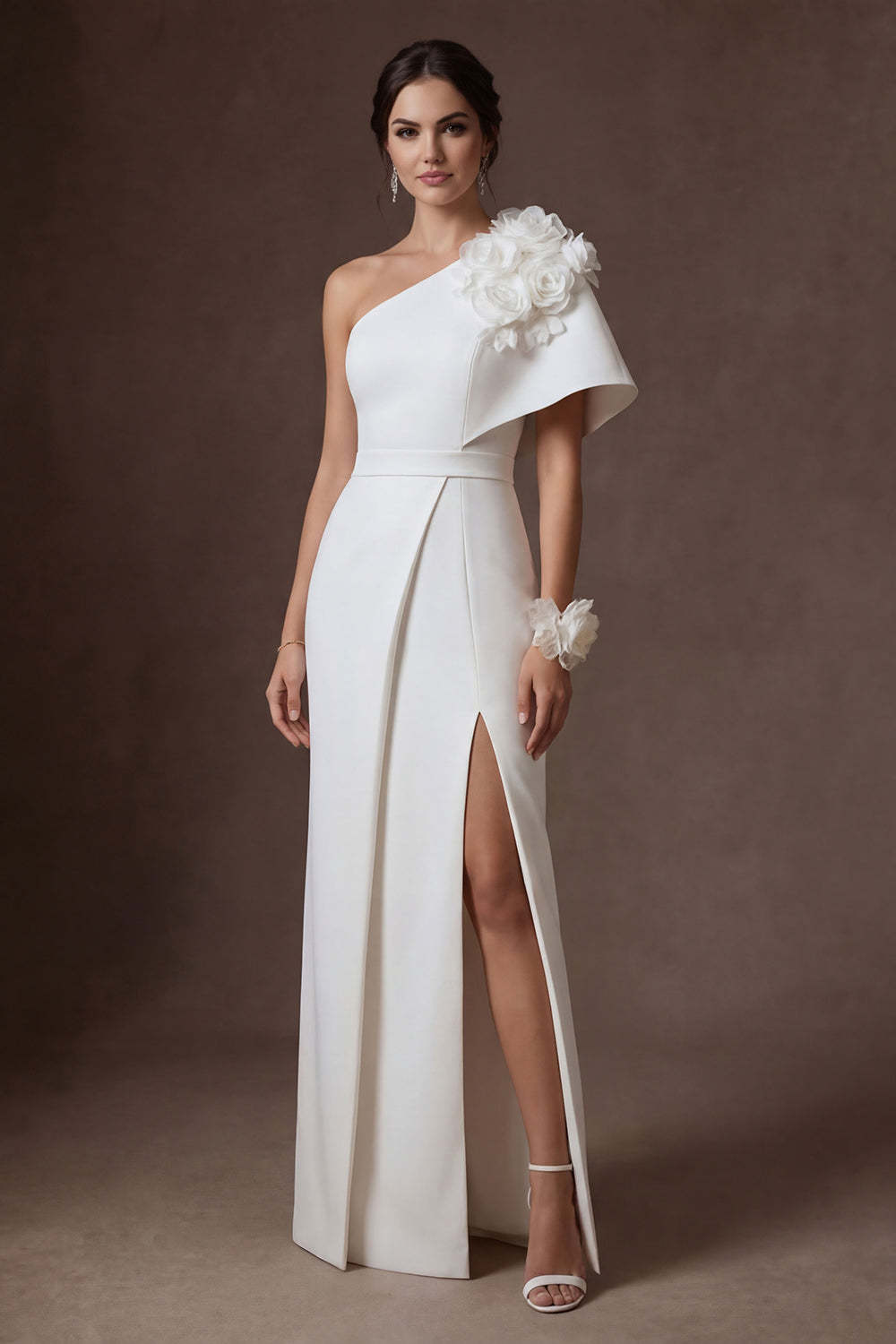 Leely Women Floral One Shoulder White Long Wedding Dress with Slit Satin Sheath Backless Bridal Dress