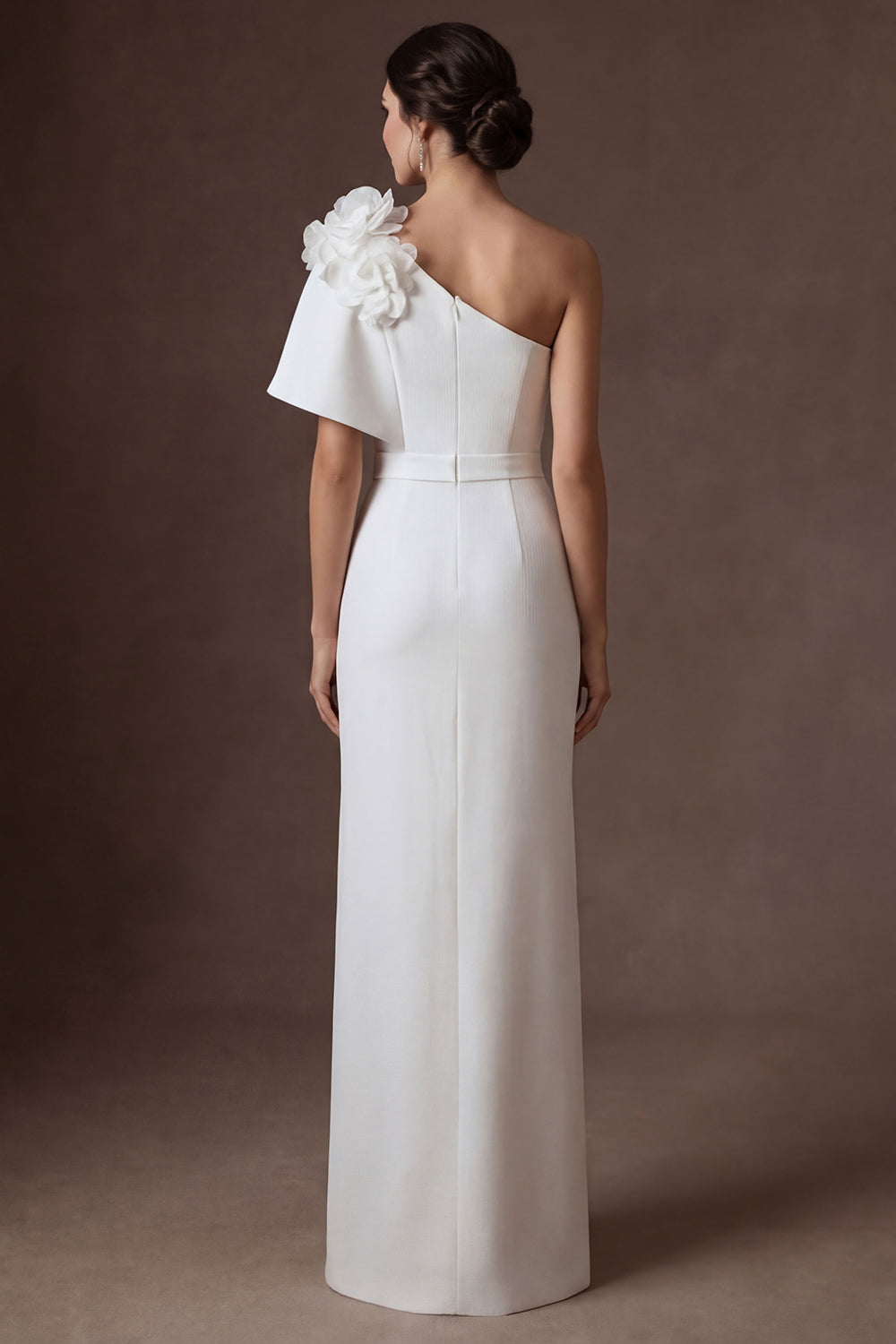 Floral One Shoulder White Satin Sheath Long Wedding Dress with Slit