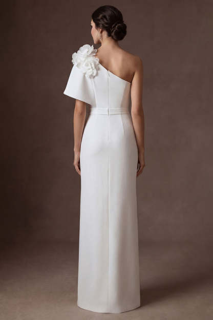 Floral One Shoulder White Satin Sheath Long Wedding Dress with Slit