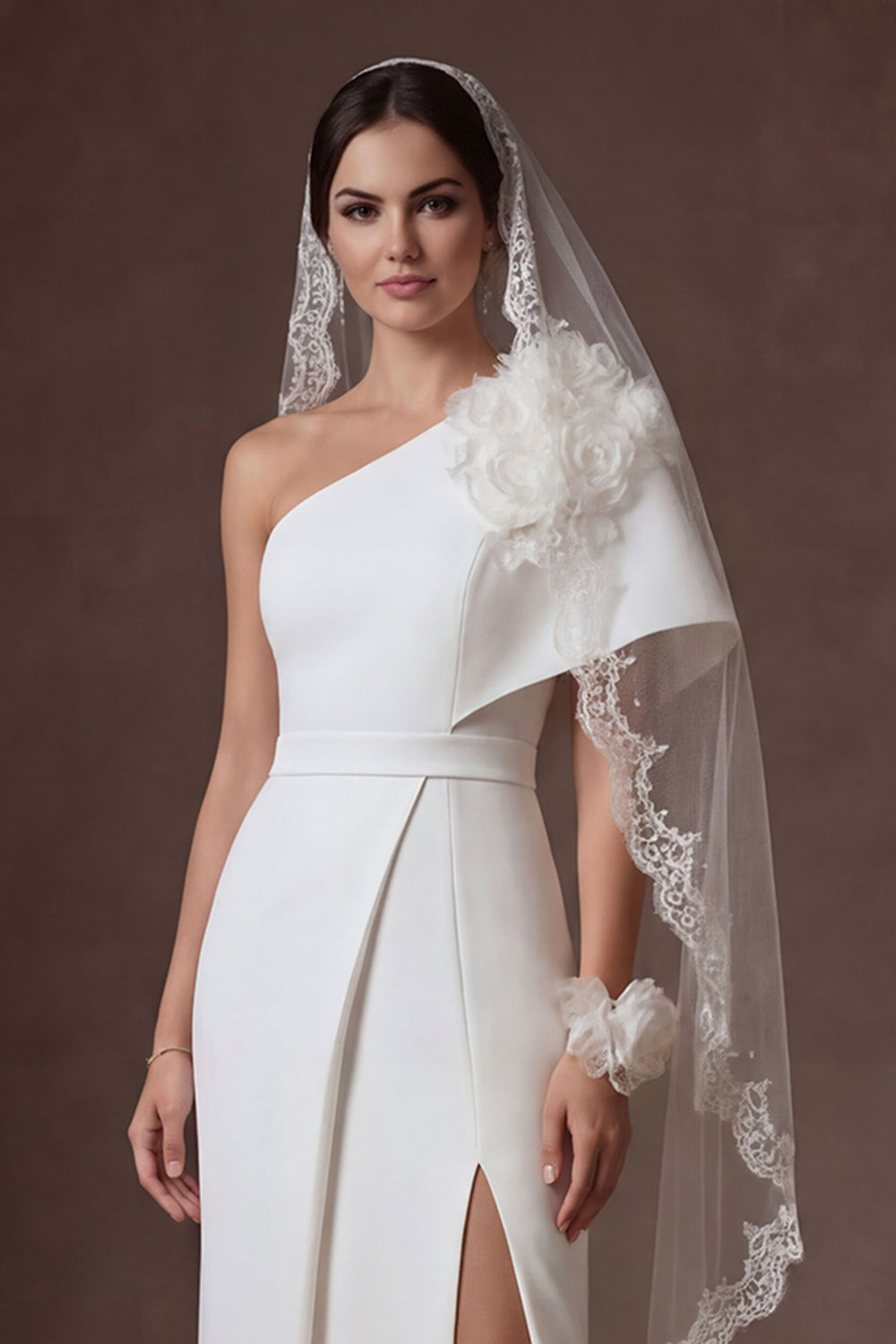 Floral One Shoulder White Satin Sheath Long Wedding Dress with Slit