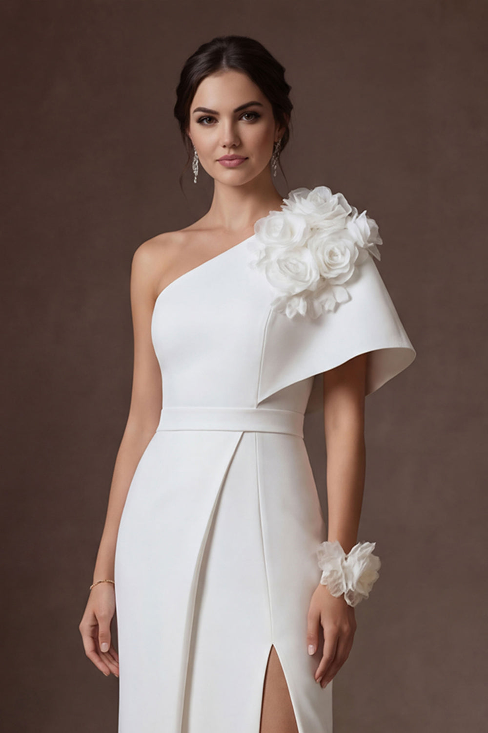 Floral One Shoulder White Satin Sheath Long Wedding Dress with Slit