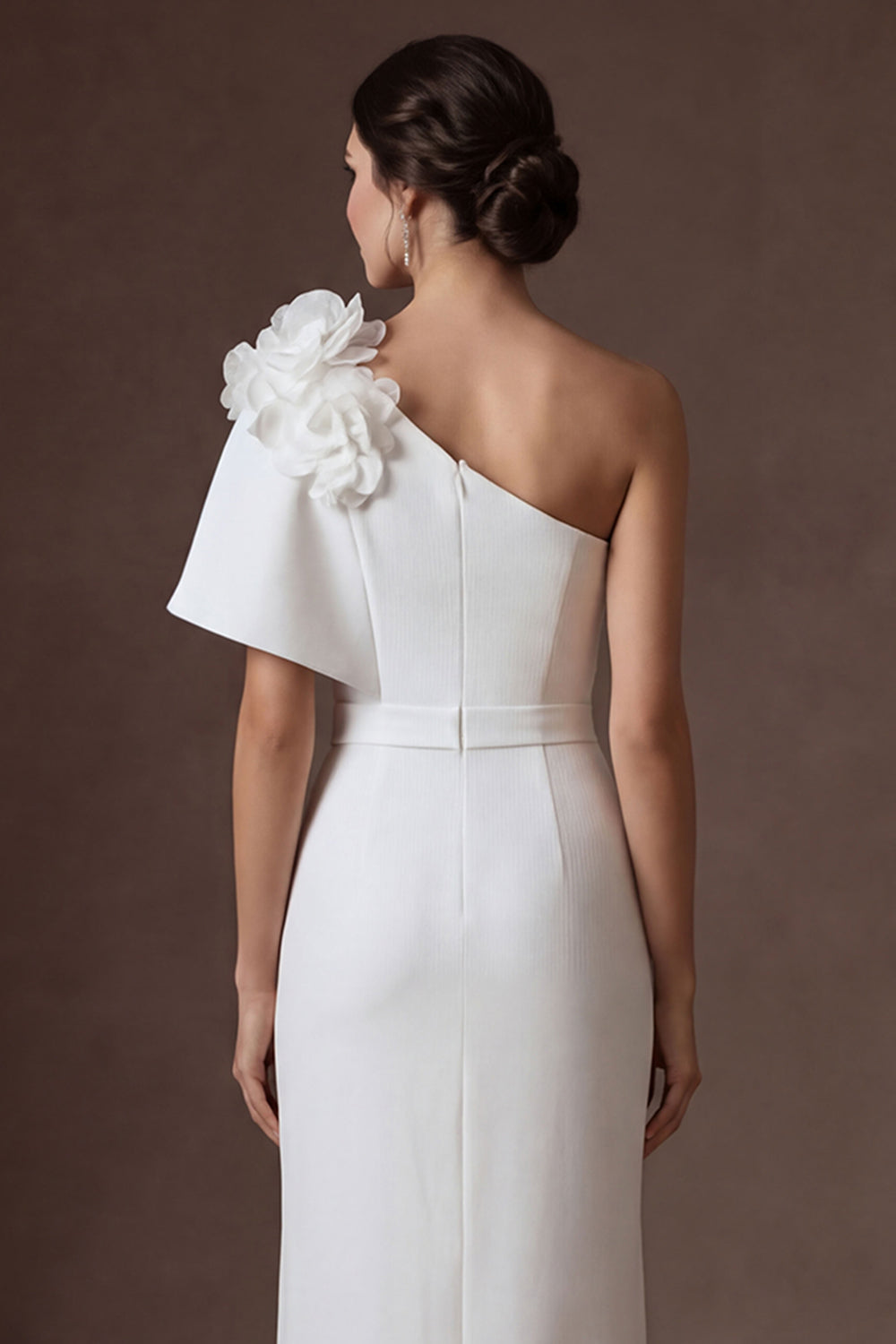 Floral One Shoulder White Satin Sheath Long Wedding Dress with Slit