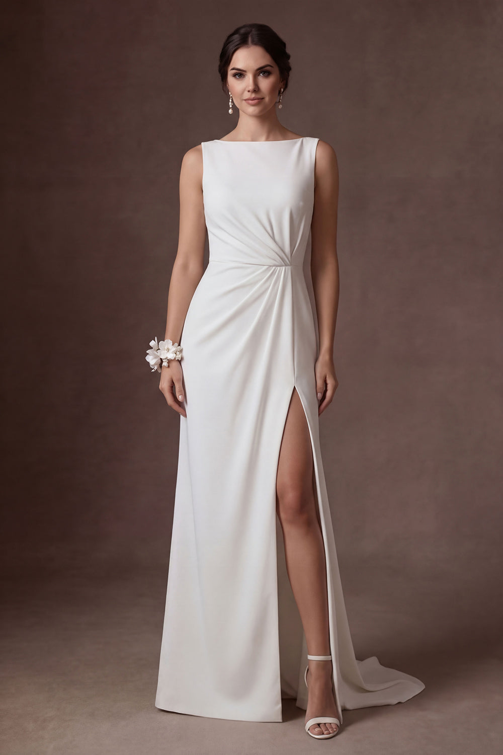 White A Line Round Neck Ruched Sleeveless Long Bridal Dress with Slit