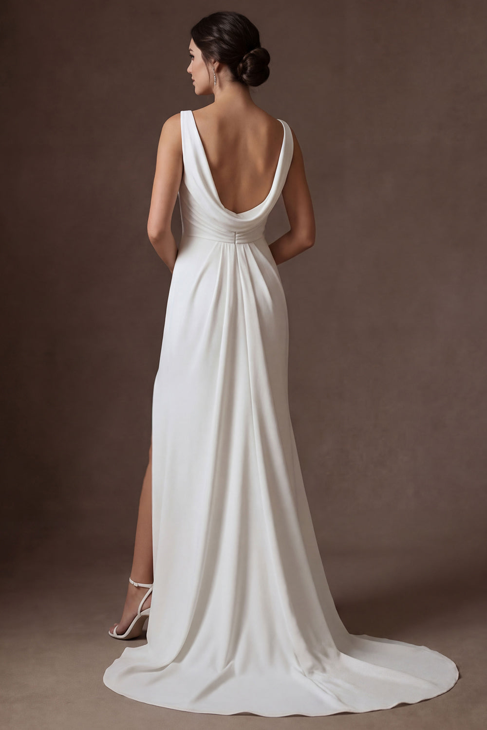 White A Line Round Neck Ruched Sleeveless Long Bridal Dress with Slit