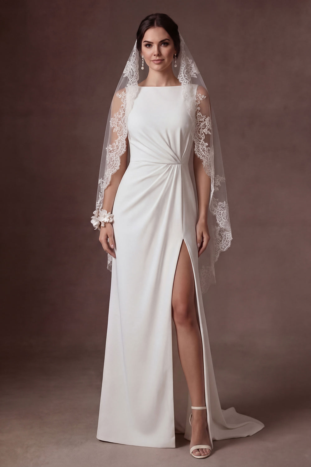 White A Line Round Neck Ruched Sleeveless Long Bridal Dress with Slit