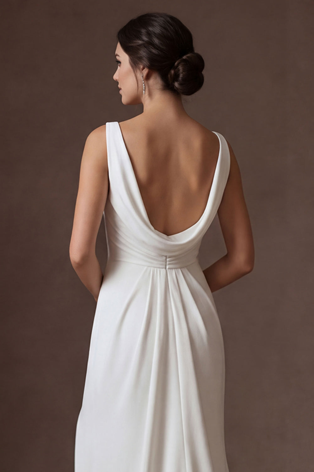 White A Line Round Neck Ruched Sleeveless Long Bridal Dress with Slit