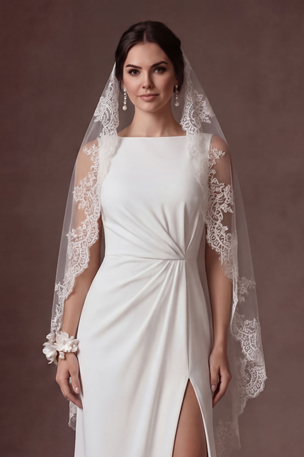 White A Line Round Neck Ruched Sleeveless Long Bridal Dress with Slit