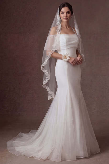 Leely Women Cold Shoulder White Mermaid Long Wedding Dress Short Sleeves Backless Sleeveless Bridal Dress