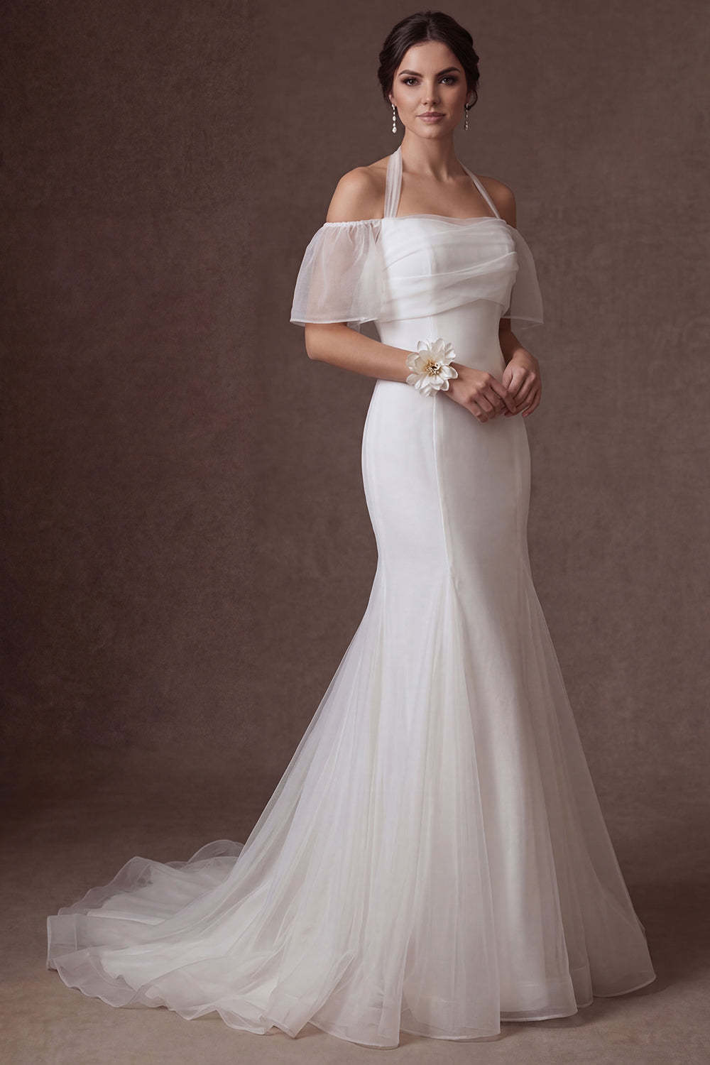 Cold Shoulder White Mermaid Short Sleeves Long Wedding Dress