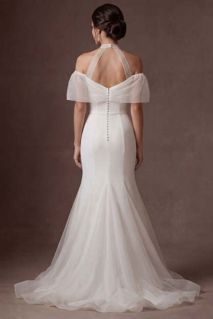 Cold Shoulder White Mermaid Short Sleeves Long Wedding Dress