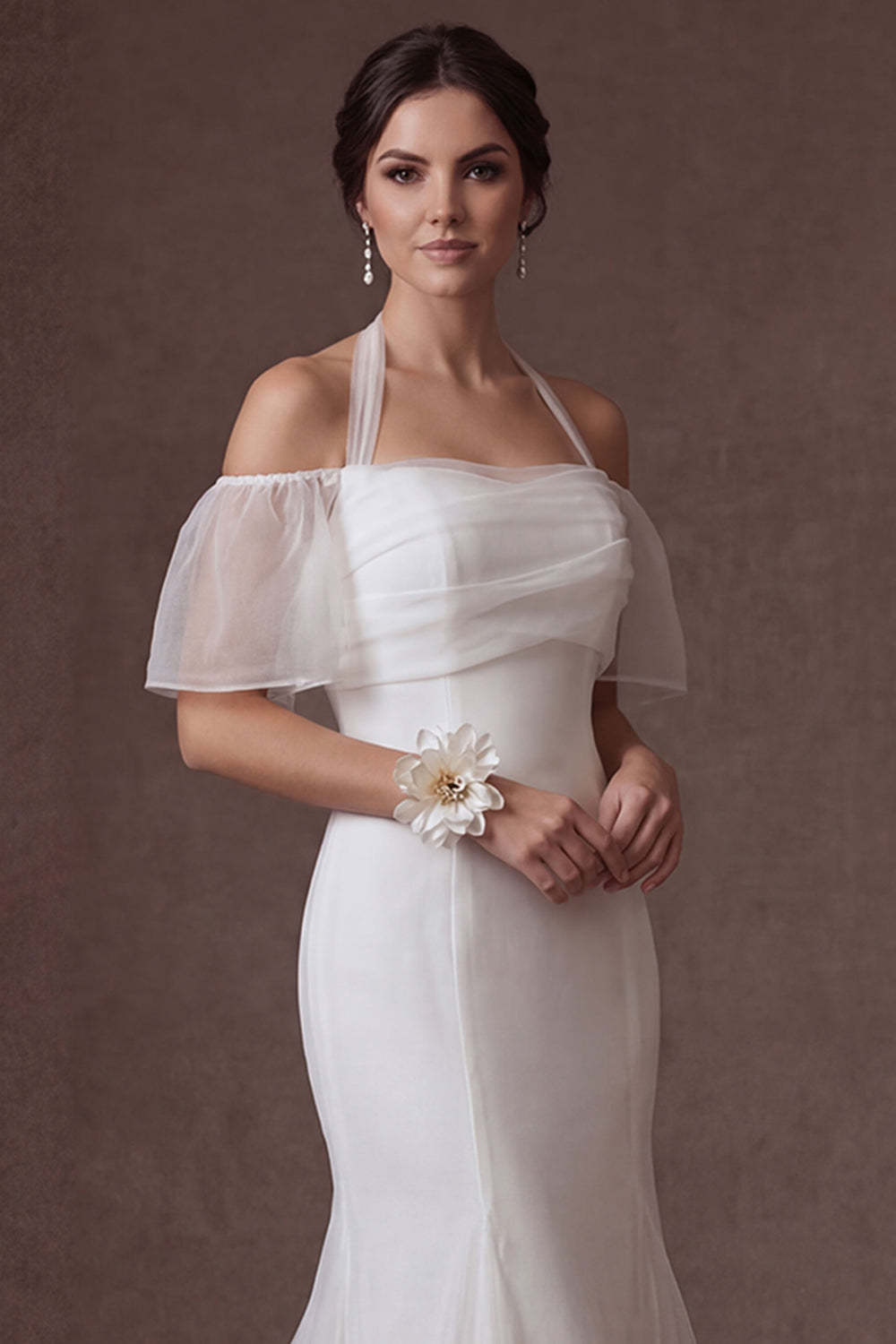 Cold Shoulder White Mermaid Short Sleeves Long Wedding Dress