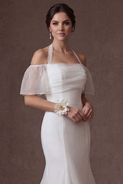 Cold Shoulder White Mermaid Short Sleeves Long Wedding Dress