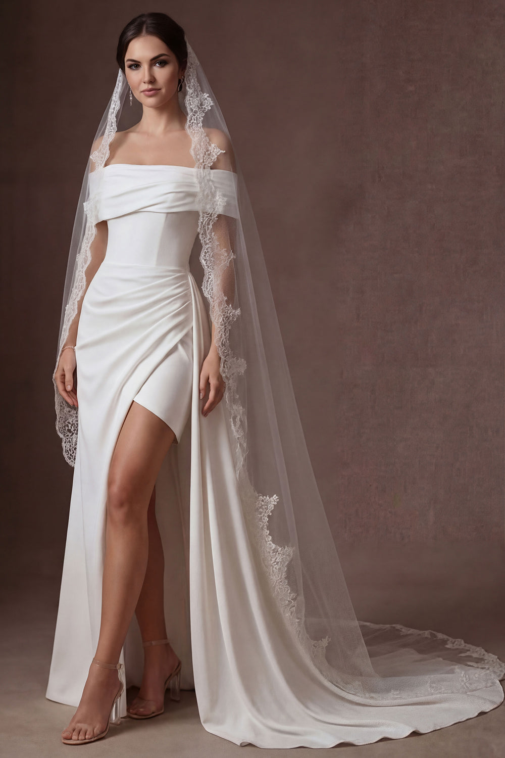 Leely Women Satin White Mermaid Ruched Long Bridal Dress with Slit Off the Shoulder Backless Sleeveless Wedding Dress