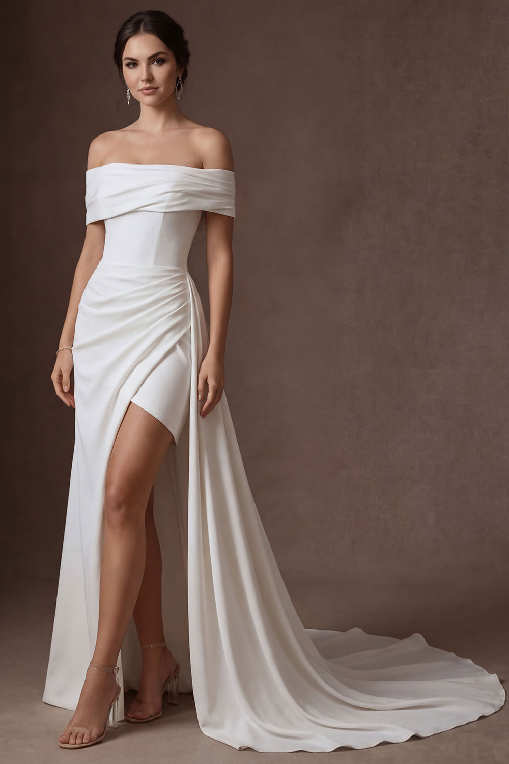 Satin White Off the Shoulder Mermaid Ruched Long Bridal Dress with Slit