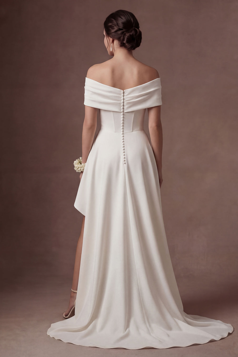 Satin White Off the Shoulder Mermaid Ruched Long Bridal Dress with Slit