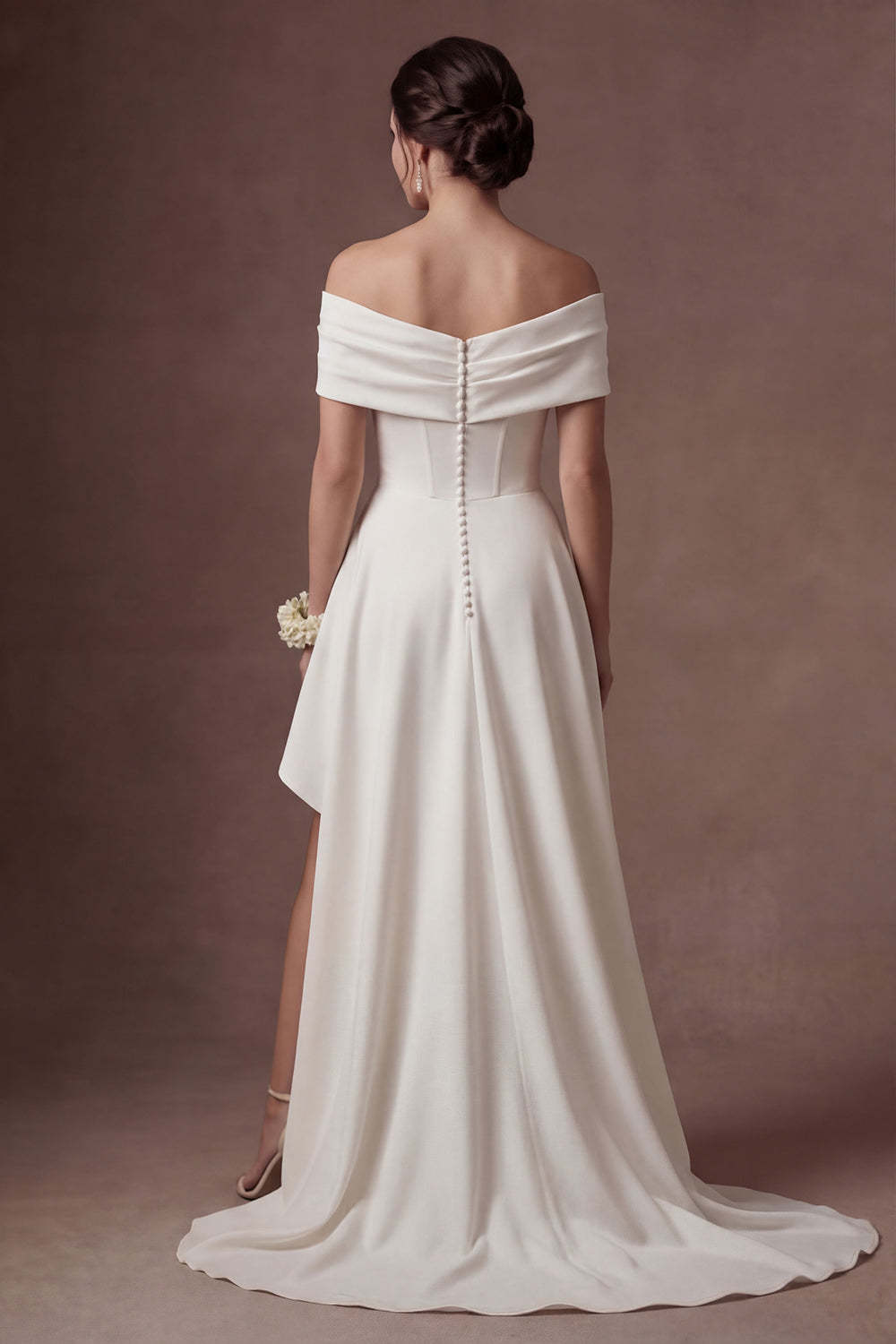 Satin White Off the Shoulder Mermaid Ruched Long Bridal Dress with Slit