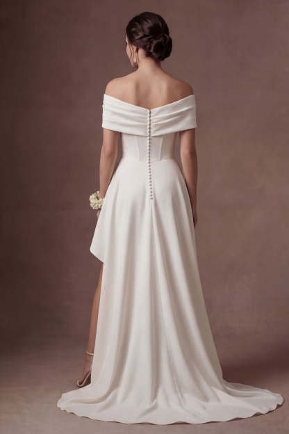 Satin White Off the Shoulder Mermaid Ruched Long Bridal Dress with Slit