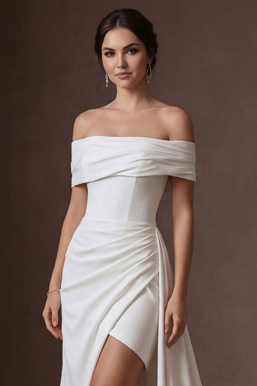 Satin White Off the Shoulder Mermaid Ruched Long Bridal Dress with Slit