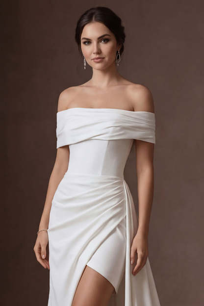 Satin White Off the Shoulder Mermaid Ruched Long Bridal Dress with Slit
