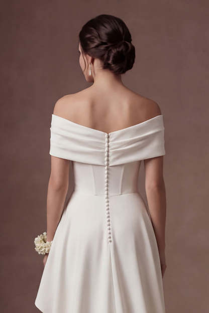 Satin White Off the Shoulder Mermaid Ruched Long Bridal Dress with Slit