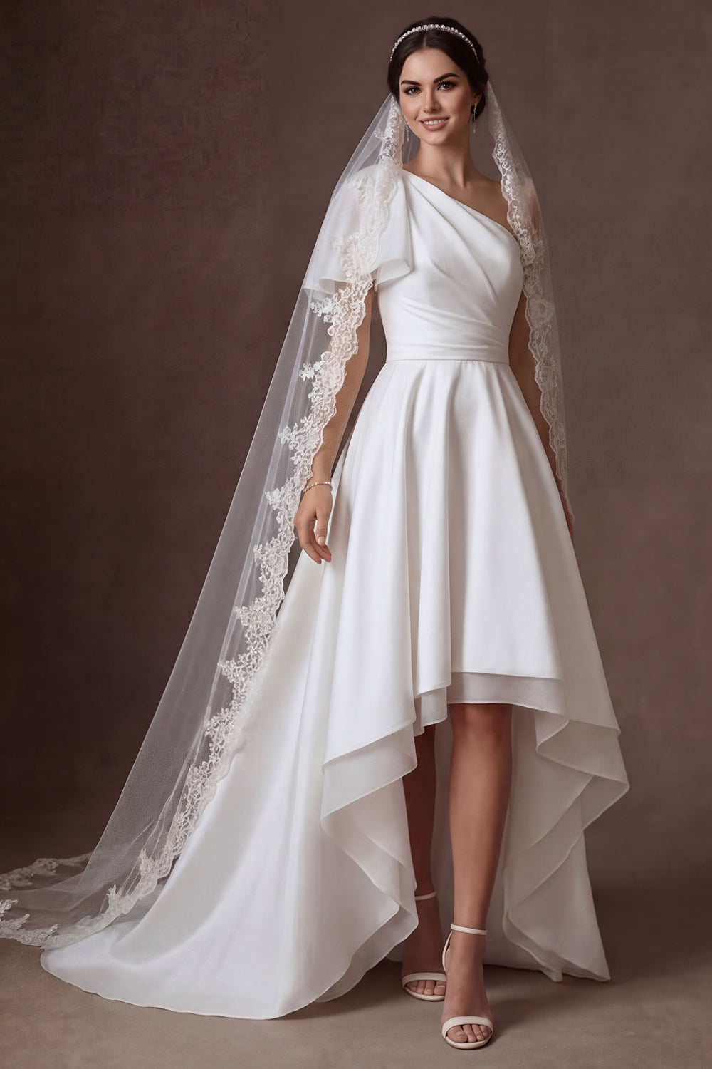 Leely Women High Low White One Shoulder Satin Wedding Dress Ruched Backless Sleeveless Bridal Dress