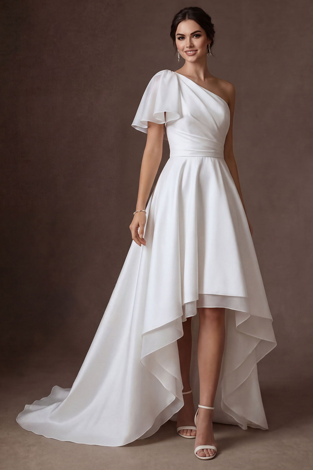 High Low White One Shoulder Ruched Satin Wedding Dress